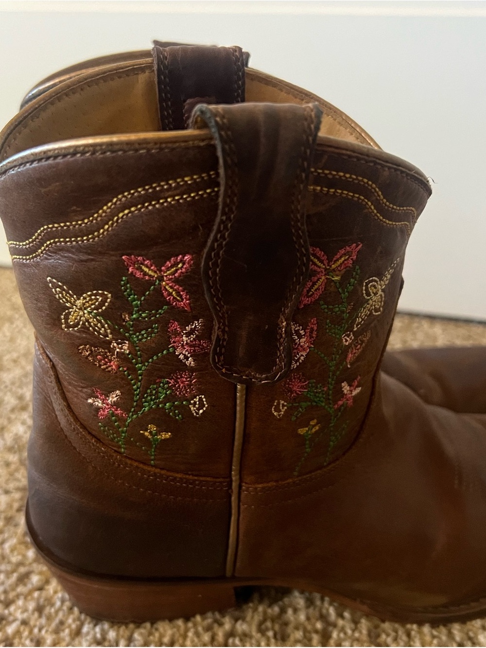 Shyanne Brown Leather Western Ankle Boots with Pink & Green Floral Embroidery